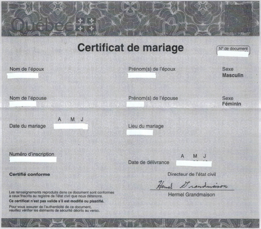 L’obtention d’un certificat de mariage ou acte de mariage au Québec L’obtention d’un certificat de mariage ou acte de mariage au Québec